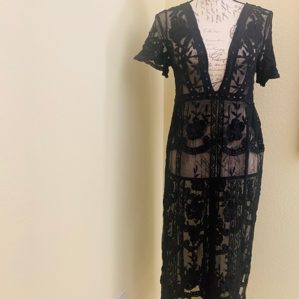 Black sheer floral vneck swim coverup